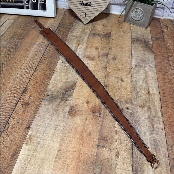 Calvin Klein Brown Leather Asymmetrical Wide Chain Trim Belt Size Large - Picture 9 of 11